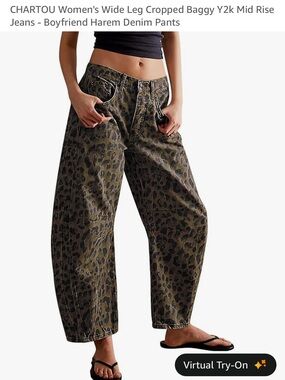 🐆 CHARTOU Leopard Print Barrel Leg Jeans Large Wide Leg Cropped